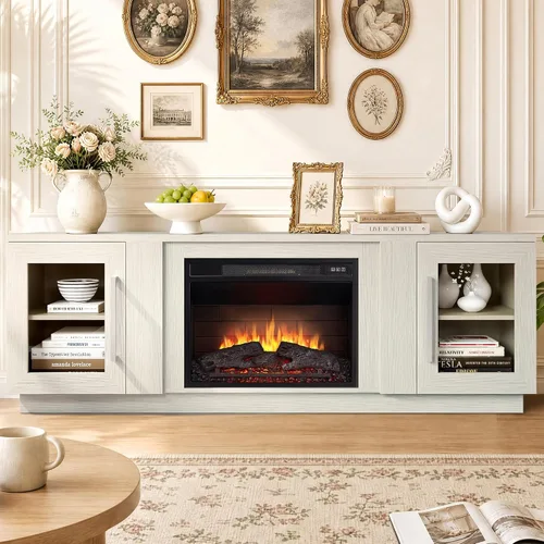 Vista 8 de Cheerway Soporte de TV con chimenea 3D para televisores de hasta 65 pulgadas, mesa de centro de entretenimiento multimedia de madera y gabinetes