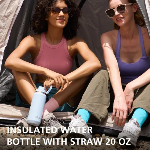 Vista 5 de Greylock Botella de agua aislada de 20 onzas con tapa con pajilla, botellas de agua deportivas reutilizables de acero inoxidable con asa plegable, a