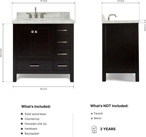 Vista 3 de ARIEL Cambridge - Mueble de baño con lavabo de 36 pulgadas, madera maciza, encimera y salpicadero italiano de mármol de Carrara de 1.5 pulgadas
