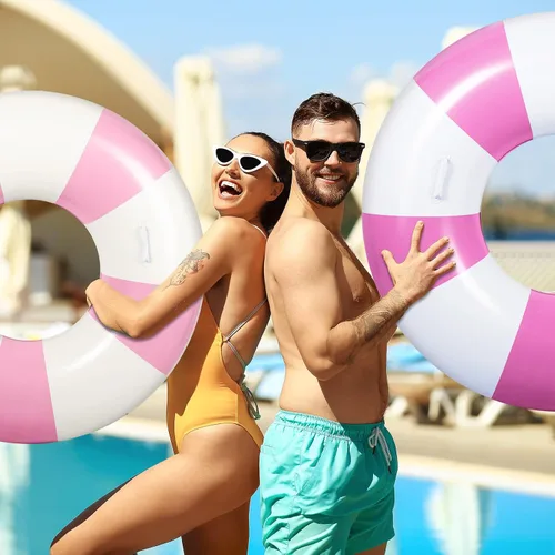 Vista 6 de 6 flotadores de piscina a rayas rosas y blancas para adultos, anillo de natación grande inflable con asas de 47.24 pulgadas, 35.43 pulgadas, tubos