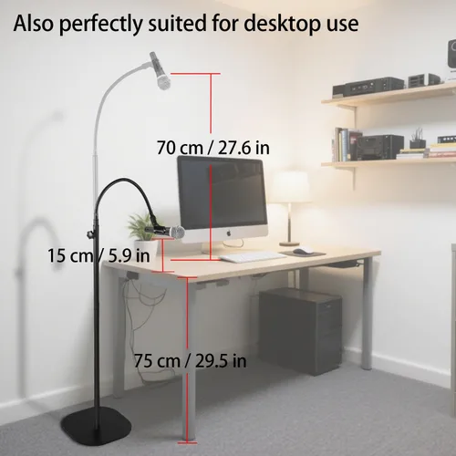 Vista 3 de Soporte para micrófono, cuello de cisne, para cantar, altura ajustable de 36 a 66 pulgadas, con base resistente para Samson Q2U Fifine AM8 Blue Yeti