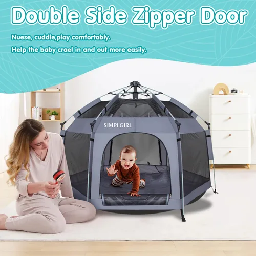 Vista 7 de Corralito para bebés de alta calidad para puerta y exterior, portátil, ligero, paquete desplegable y patio de juegos con toldo y bolsa de viaje, Gris