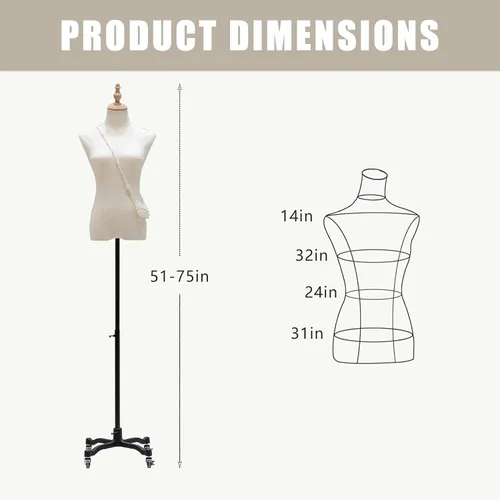 Vista 2 de Vestido de maniquí femenino con ruedas, altura ajustable de 51 a 75 pulgadas, cuerpo de torso de maniquí, superficie de maniquí de costura hecha
