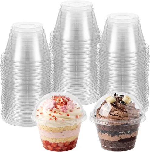 Vista 9 de Rainmae Paquete de 100 tazas de postre con tapas, vasos de plástico desechables apilables con tapas planas, tazas de helado de 10.1 fl oz/10 onzas