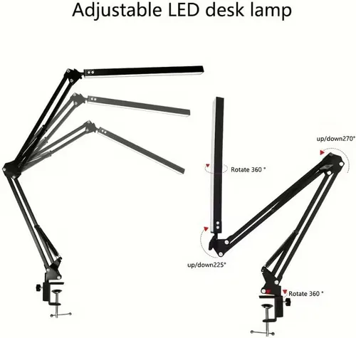Vista 4 de Lámpara de escritorio LED, lámpara de brazo oscilante ajustable con abrazadera, luz de escritorio de lectura que cuida los ojos, 10 niveles