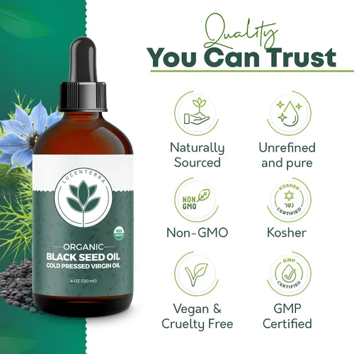 Vista 5 de Aceite orgánico de semillas negras de 4 onzas, prensado en frío, timoquinona, certificado USDA, Nigella Sativa turca, antioxidante puro para apoyo