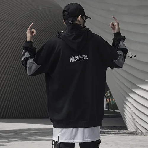 Vista 9 de XYXIONGMAO Streetwear Techwear Sudadera con capucha Cyberpunk Tactical para hombre, color negro, Urban Hip Hop