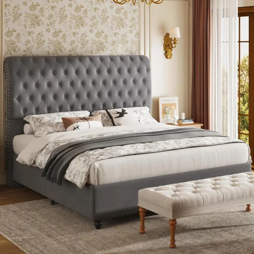 Vista 11 de Jocisland Base de cama Queen de 52.8 pulgadas, cabecera de trineo tapizada Negro