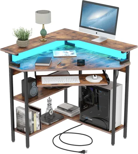 Vista 11 de Escritorio esquinero triangular con tomas de corriente, estantes de almacenamiento para espacio pequeño 90 Degree Corner Table with CPU Stand