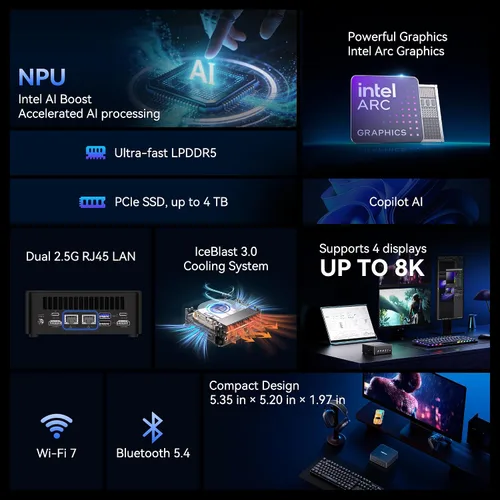 Vista 2 de GEEKOM IT13 MAX AI Mini PC, Intel Ultra 9 185H (TDP 65W) codificación/tareas, 24 GB LPDDR5 (5600 MT/s) 500 GB PCIe 4.0 SSD, 8K Quad Display, WiFi 7