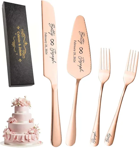 Vista 10 de Juego de cuchillos y servidores personalizados para tartas de boda, tenedores de acero inoxidable, cortador de tartas, juego de corte de pastel
