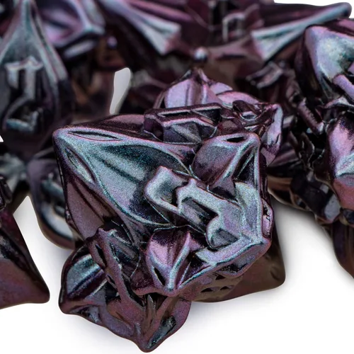 Vista 5 de ARUOHHA juego de dados de metal DND diseño de hoja púrpura, juego de dados poliédricos con caja, 7 piezas de dados D y D para juegos de rol RPG D20