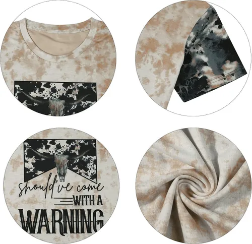 Vista 4 de Shouldhave Come with A Warning - Camiseta de manga corta para mujer, diseño de calavera de toro occidental, diseño de calavera de vaca