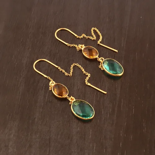 Vista 5 de Guntaas - Pendientes ovalados de doble piedra de cuarzo citrino aguamarina, chapados en oro, chapados en oro, colgantes de cadena larga, Earrings