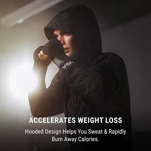 Vista 4 de Hayabusa Traje de sauna con capucha Pro Boxing para hombres y mujeres, incluye chaqueta y pantalones de tela recubierta de PVC de nailon