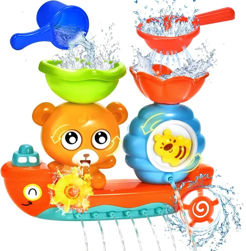 Vista 11 de Juguetes de baño para niñas para niños de 1 a 3 años Mesa de agua con ventosa y rotación Juguetes de bañera para niños pequeños con tazas apilables
