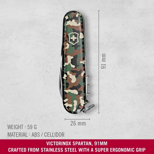 Vista 2 de Victorinox Spartan Navaja del Ejército Suizo, 12 Funciones, Navaja de Bolsillo Hecha en Suiza con Sacacorchos, Abrelatas y Destornillador - Camuflaje