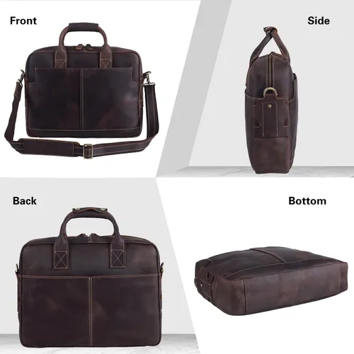 Vista 6 de Polare - Maletín de cuero para hombre, bolsa de mensajero de viaje de negocios de 15.6 pulgadas, cremallera metálica YKK