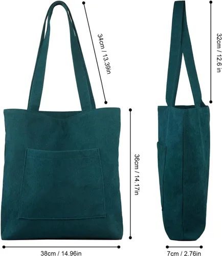 Vista 7 de Kememo Bolsa de pana con cremallera, bolso de hombro para mujer, bolso de compras de gran capacidad con bolsillo