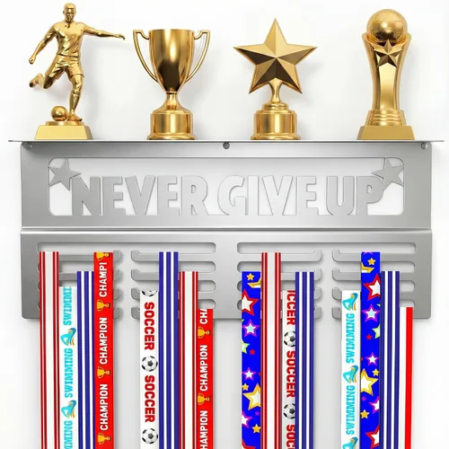 Vista 8 de Colgador de medallas AGATHOS HOME con estante para trofeos - Estante de premios de metal para paredes con capacidad para 64+ medallas deportivas