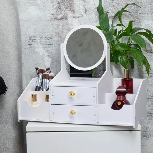Vista 6 de Organizador de maquillaje de madera, organizadores de maquillaje de encimera con espejo, cajones, organizador de cosméticos para cepillos, cuidado