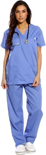 Vista 23 de Just Love Juego de uniforme médico para mujer de seis bolsillos con cuello en V y pantalón cargo Negro