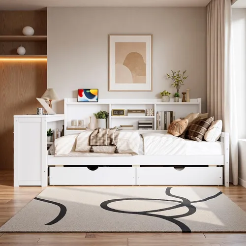 Vista 17 de SOFTSEA Sofá cama esquinera de tamaño matrimonial con nido y estantería, sofá cama en forma de L con luces LED y puertos USB, marco de cama Antique