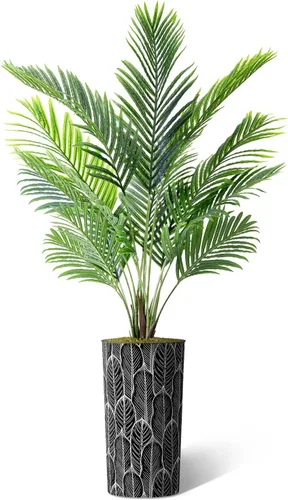 Vista 2 de Árbol artificial con diseño de hojas blancas y negras, palmera tropical areca artificial de seda para decoración del hogar en interiores y Diseño