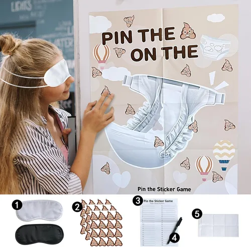 Vista 3 de Juego de juegos de baby shower: Pin the Sticker en el juego de pañales y 50 boletos para rifas de pañales con caja para decoraciones de fiesta