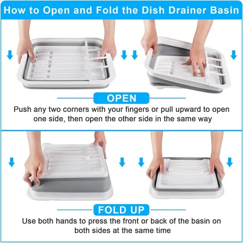 Vista 7 de Escurridor de platos plegable con tubo de tapón de drenaje, escurreplatos portátiles para encimera de cocina, estante plegable para secar platos