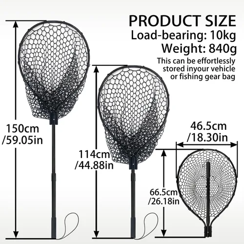 Vista 4 de Red de pesca de goma telescópica de metal con mango Longitud: 59 "Profundidad: 19.7 "Aro: 26 "x18" Muelle de red de aterrizaje de peces de silicona