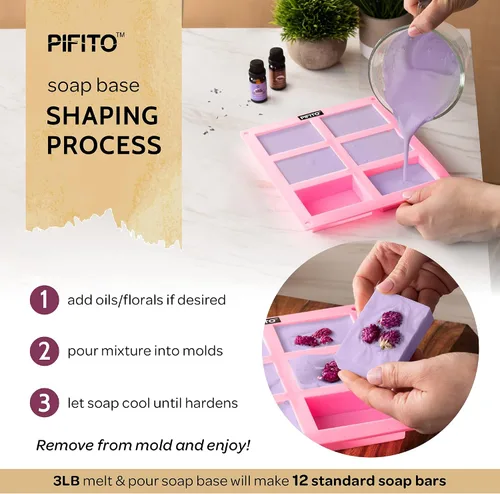 Vista 6 de Pifito Kit de fabricación de jabón │ Suministros para hacer jabón de bricolaje – 3 libras de base de jabón para derretir y verter