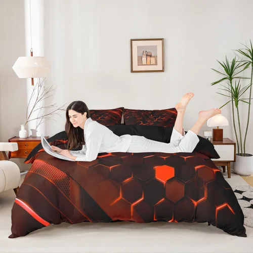 Vista 3 de Juego de ropa de cama de panal hexagonal para niños, niñas, adolescentes, funda de edredón geométrica transpirable, colmena geométrica roja y negra