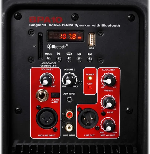 Vista 6 de Rockville BPA10 - Altavoz PA DJ Amplificado de 10 pulgadas y 400 W Pico con Bluetooth, reproductor USB/SD, radio FM, entradas XLR/RCA/1/4"/Aux