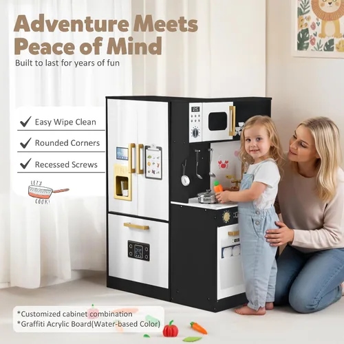 Vista 4 de TODEFULL Juegos de cocina para niños, juego de cocina de madera para niños, cocina de juguete interactiva con congelador, lavadora, máquina de hielo