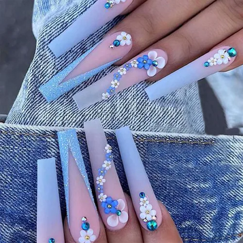 Vista 11 de Uñas postizas a presión con punta francesa cuadrada larga con arco 3D, diseños de línea de copo de nieve, uñas de invierno, uñas a presión