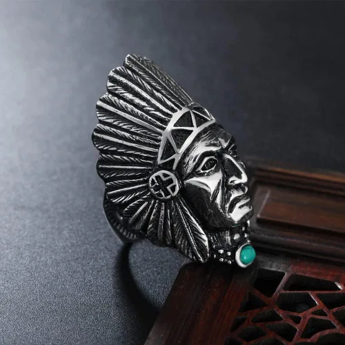 Vista 4 de Anillo de jefe indio para hombres y mujeres, anillos de cabeza indios nativos americanos, banda de acero inoxidable Spirit of The Warrior, punk