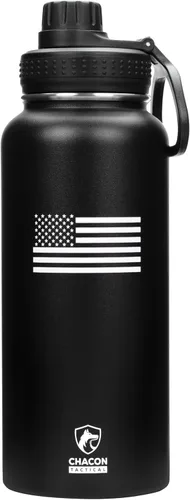 Vista 13 de Botella de agua aislada, negro, acero inoxidable, 32 onzas, diseño de bandera estadounidense de línea azul fina, boca ancha