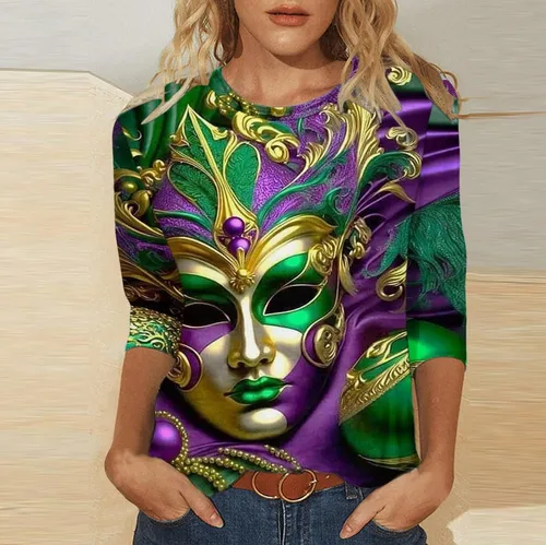 Vista 127 de Camisetas personalizadas para mujer, a la moda, casual, de séptima manga, estampada, cuello redondo, camiseta