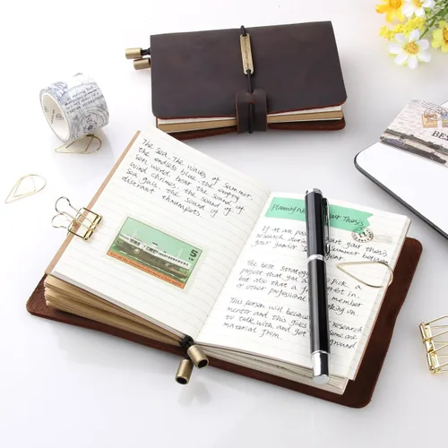 Vista 7 de Diario de piel hecho a mano vintage, cuaderno de viajero, portátil, pluma estilográfica recargable, tamaño de bolsillo, 5.2 x 4 pulgadas, Coffee
