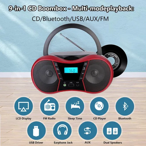 Vista 8 de Boombox Reproductor de CD Portátil, Reproductores de CD Portátiles para el Hogar, Reproductor de CD de Radio Estéreo con AUX/USB/FM/Bluetooth