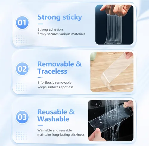 Vista 5 de ZOMPAGO Cinta de doble cara resistente (1.18 pulgadas x 9.84 pies), cinta de montaje nano transparente, tiras adhesivas impermeables de dos caras