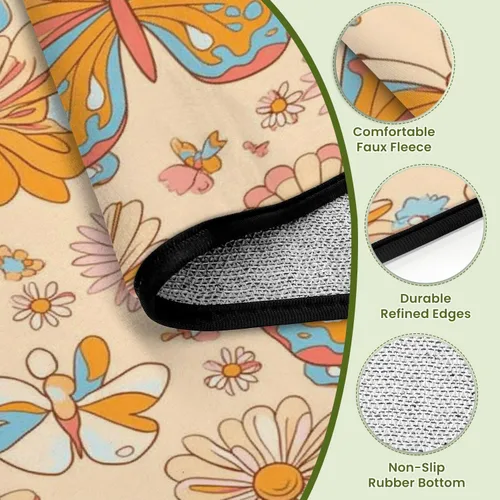 Vista 3 de Alfombra retro de los años 70 y 60, diseño hippie de verano, con diseño de mariposas y flores, alfombra de juego para exteriores, alfombra de juego