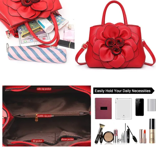 Vista 6 de Cayla Bolsos de mano florales 3D para mujer, bolso de mano con asa superior, de piel sintética, bolso de hombro, bandolera, bolso de noche para mujer