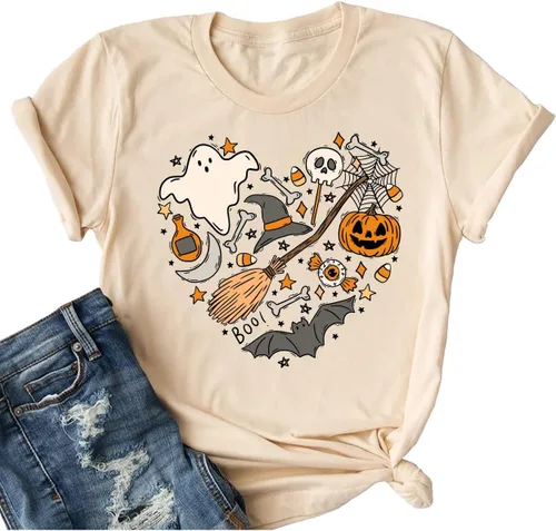 Vista 37 de Woffccrd - Camisetas divertidas con estampado de calabaza y leopardo para mujer, camisetas gráficas de manga corta de Halloween para mujer