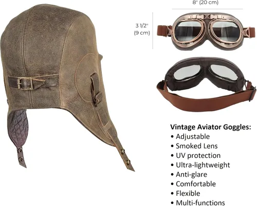 Vista 6 de Leather Aviator Hat, Real Vintage Brown Leather Helmet, Pilot Cap, for Men & Women