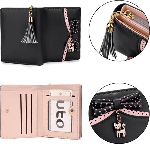 Vista 4 de UTO Cartera para niñas de piel sintética con colgante de gato con borla y cremallera, organizador de tarjetas para mujer, pequeño y lindo monedero