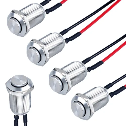 Vista 8 de 5 piezas 12 mm Interruptor de botón de cierre con cabeza elevada ON-Off normalmente abierto con cable presoldado, carcasa de aleación de aluminio
