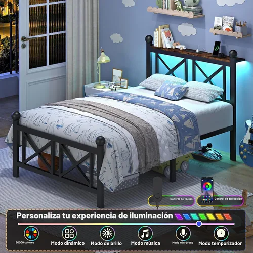 Vista 3 de ChicZhiNest Marco de cama tamaño Twin con estación de carga y luces LED, cama de plataforma de metal con cabecera de madera y estante