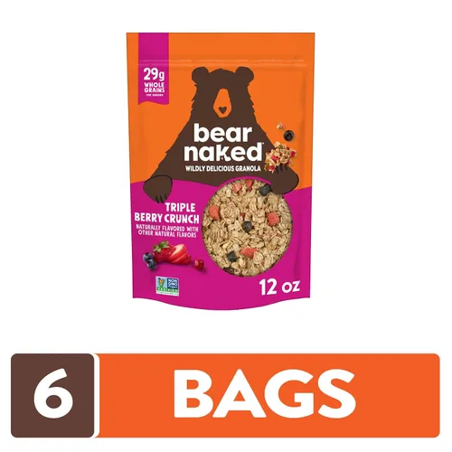 Vista 4 de Bear Naked - Cereal de granola, vegano, snacks de desayuno, triple baya (6 bolsas) Snacks veganos para el desayuno